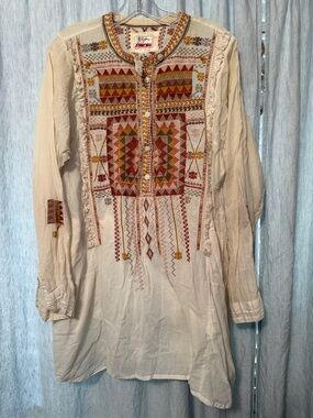 Johnny Was Cream Embroidered Long Sleeve Tunic with Red & Gold Accents